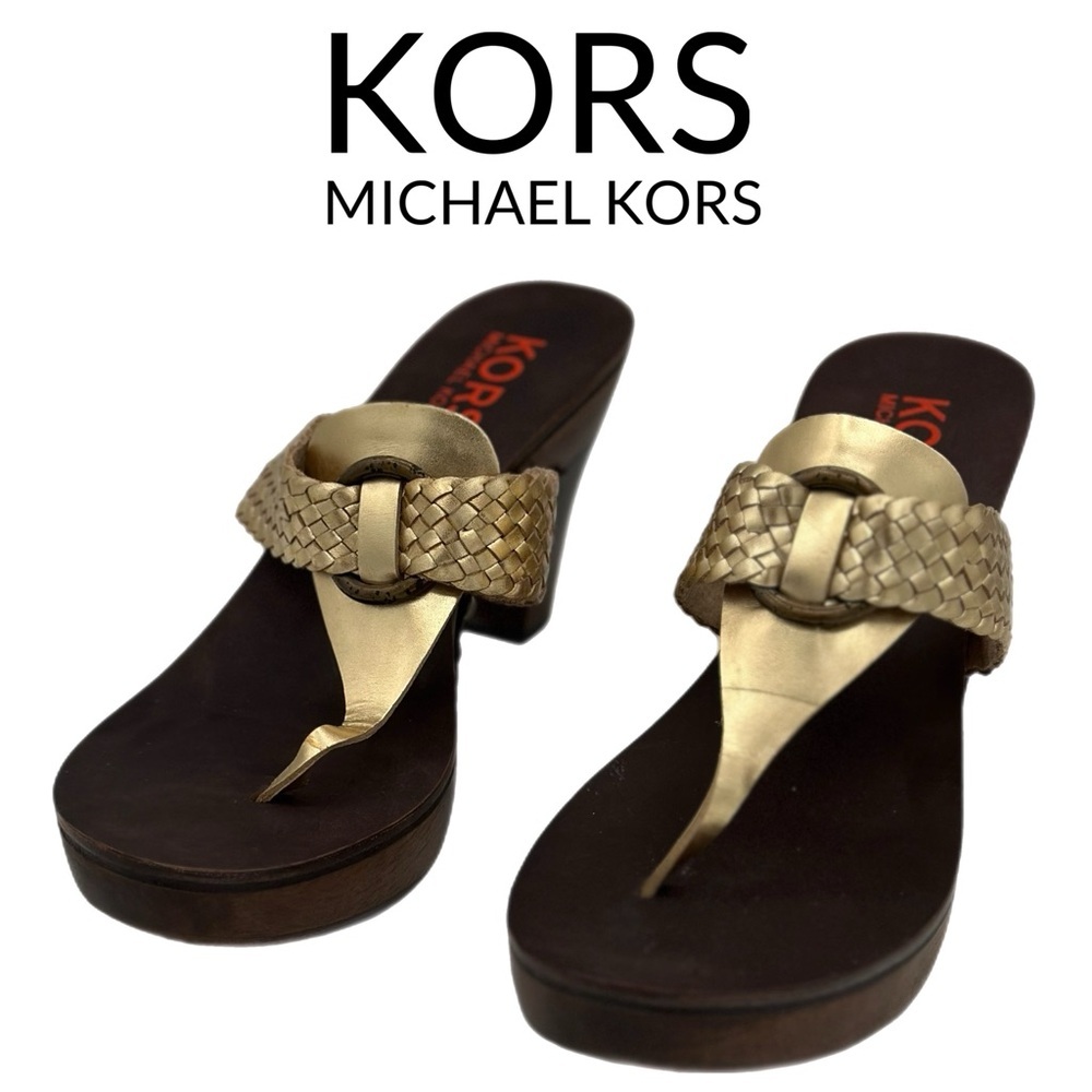 Michael Kors Gold Woven Leather Wood Heel Sandals | Size 8.5M - Picture 1 of 4